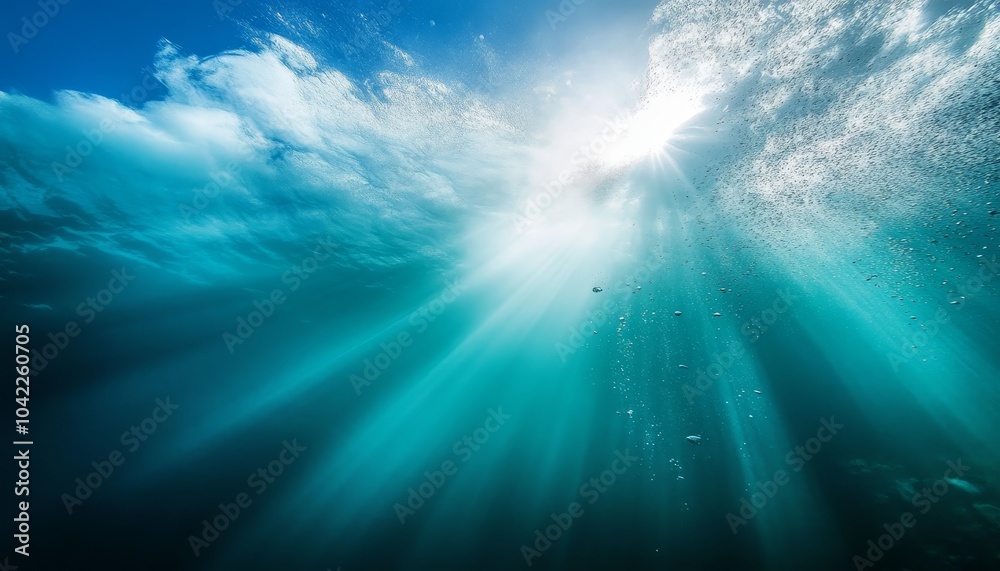 Obraz premium Underwater Sunbeams Through Bubbles, Ocean, Scuba Diving, Nature, Photography, underwater, sunbeams