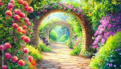 Fototapeta Naklejka Na Ścianę i Meble -  Watercolor Garden Path with Stone Arches, Flowers, and Sunlight, garden path, watercolor, flowers