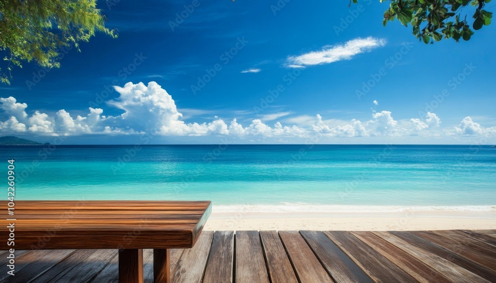 Fototapeta premium Wooden Tabletop Overlooking Serene Beach with Blue Skies and Lush Greenery, beach, tropical, summer