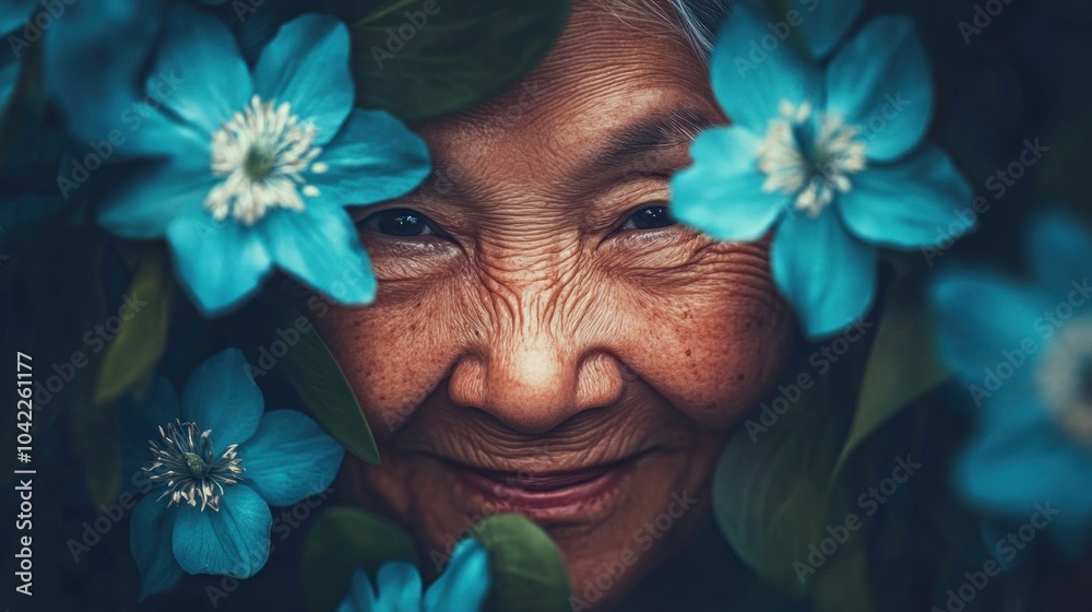 A joyful elderly woman is smiling softly, framed by bright blue flowers in a tranquil garden. The warm light of the golden hour enhances her radiant expression and surrounding beauty A joyful elderly woman is smiling softly, framed by bright blue flowers in a tranquil garden. The warm light of the golden hour enhances her radiant expression and surrounding beauty