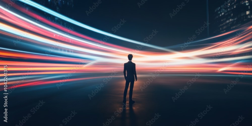Urban Night Scene: A silhouetted figure stands against vibrant light trails in a bustling cityscape, conveying motion and modernity. Urban Night Scene: A silhouetted figure stands against vibrant light trails in a bustling cityscape, conveying motion and modernity.