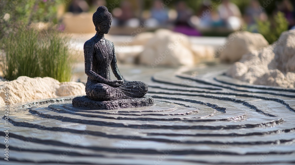 A serene zen garden featuring a meditating statue amidst gentle rippling water and lush greenery A serene zen garden featuring a meditating statue amidst gentle rippling water and lush greenery