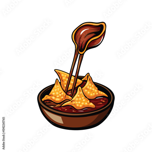 Vector illustration of crispy wontons being dipped into a bowl of soy sauce.