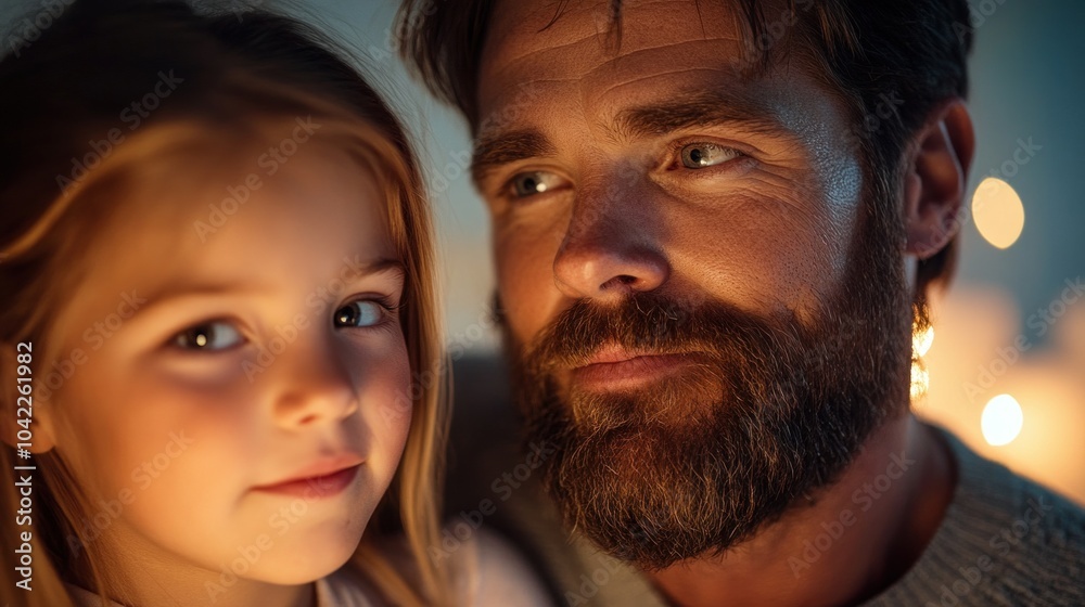A father gazes affectionately at his daughter as they share a tender moment, surrounded by the warm glow of candlelight during a relaxed evening at home A father gazes affectionately at his daughter as they share a tender moment, surrounded by the warm glow of candlelight during a relaxed evening at home