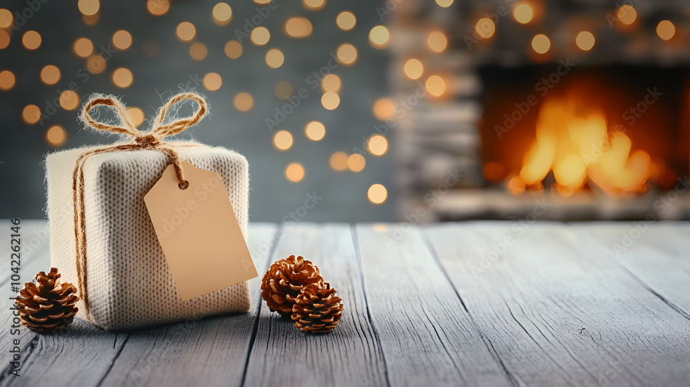A Gift Label on a Present and a Fireplace in the Background. A Gift Label on a Present and a Fireplace in the Background.
