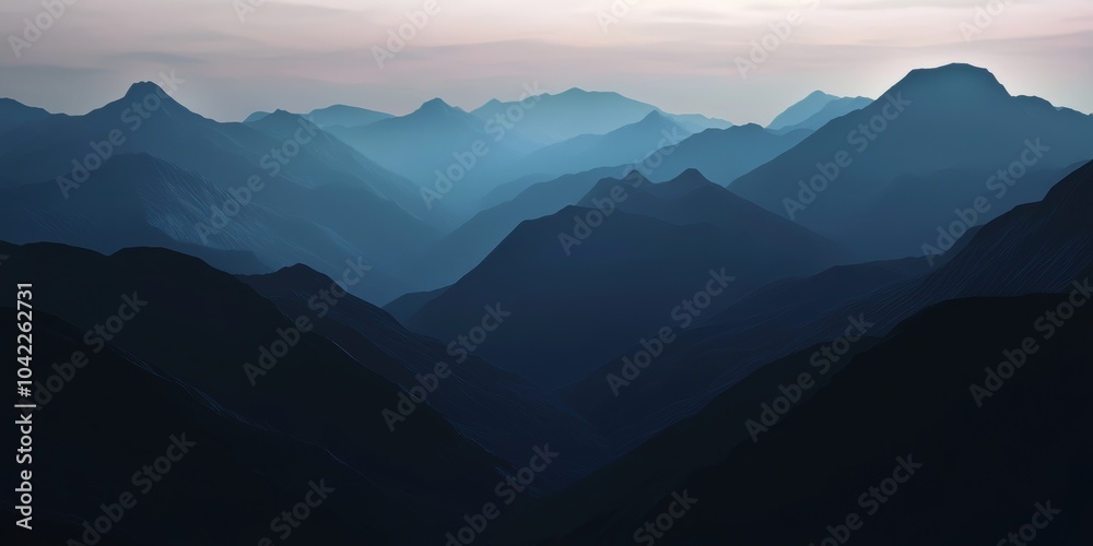 Fototapeta premium Serene Mountain Landscape: Layers of Blue and Gray, Ideal for Nature-themed Design Projects