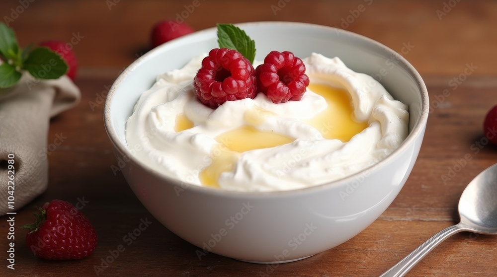 A delicious bowl of creamy yogurt topped with fresh raspberries, blueberries, and blackberries enjoyed on a wooden table in natural light A delicious bowl of creamy yogurt topped with fresh raspberries, blueberries, and blackberries enjoyed on a wooden table in natural light