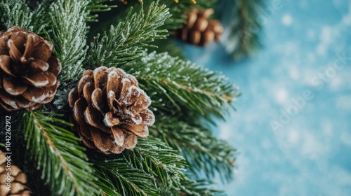 The beauty of winter is captured in this arrangement of pine branches and cones, dusted with frost, creating a serene holiday atmosphere against a soft blue background