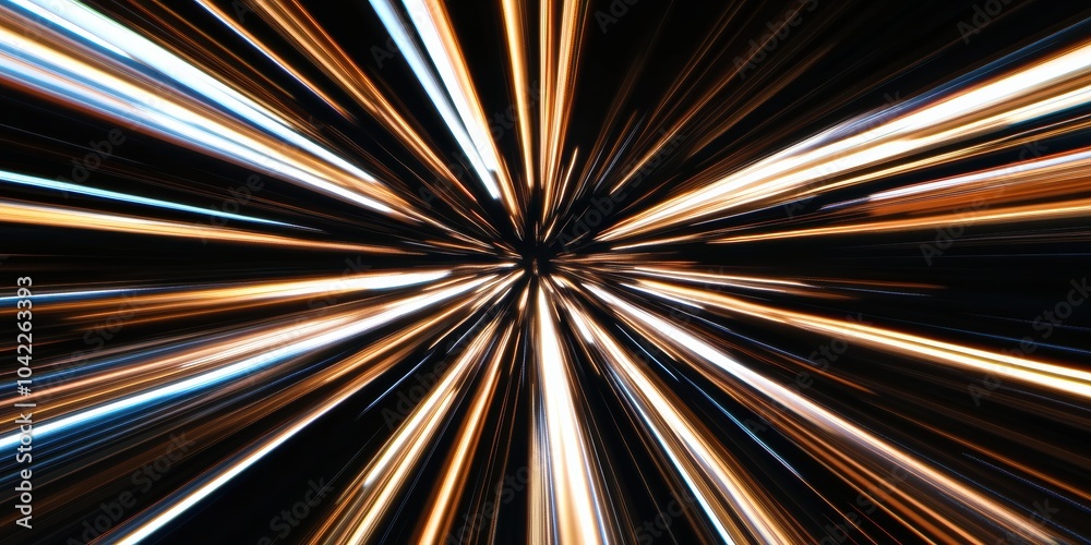 Fototapeta premium Dynamic light trails in a burst of colors, featuring vibrant streaks of orange, white, and blue against a black backdrop; ideal for abstract art.