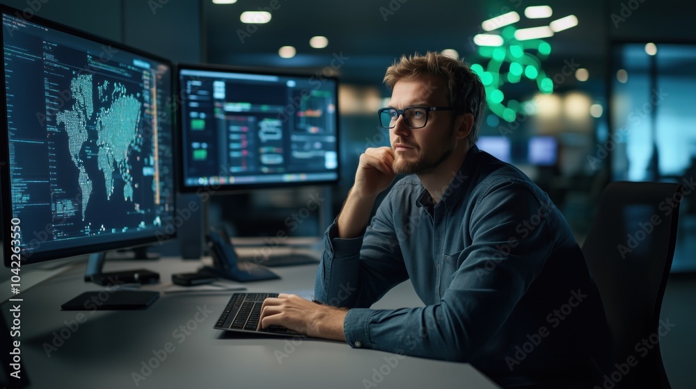 An analyst in a contemporary workspace analyzes complex data visualizations on dual screens, immersed in his task as evening light filters into the office An analyst in a contemporary workspace analyzes complex data visualizations on dual screens, immersed in his task as evening light filters into the office