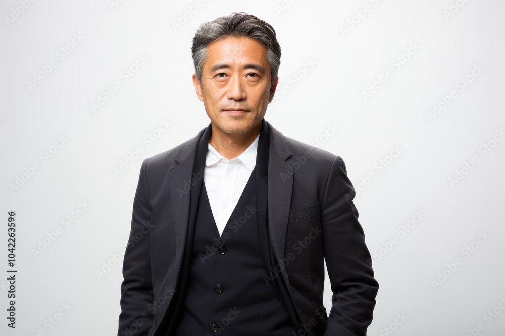 mature asian man wearing black suit and white shirt looking at camera mature asian man wearing black suit and white shirt looking at camera