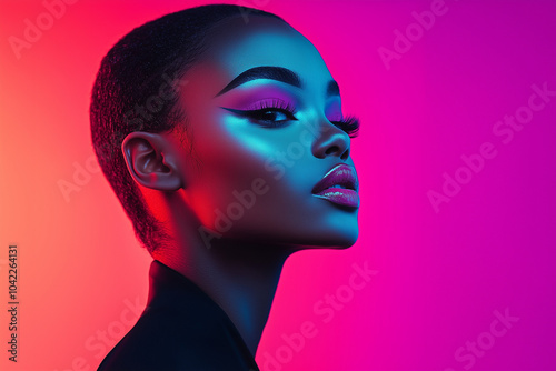 Portrait of a woman with bright, avant-garde makeup against a neon backdrop photo