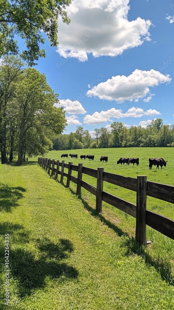 Picturesque cattle farm with cows grazing on lush meadows, blue sky dotted with white clouds, wooden fences running along the pastures Picturesque cattle farm with cows grazing on lush meadows, blue sky dotted with white clouds, wooden fences running along the pastures