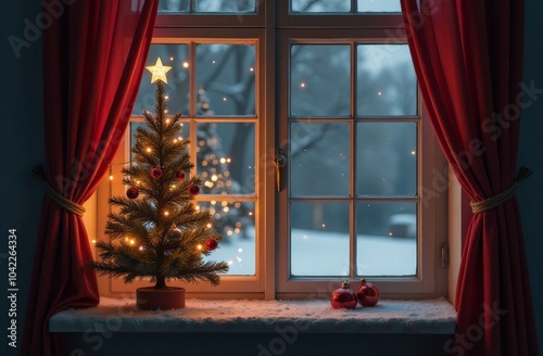 Festive, Christmas, New Year background. Evening. Night. Homely, cozy background. Abstract background. A wooden table on the background of a window with a night view and golden garlands. Bokeh. photo