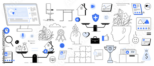 Variety of elements including a balance scale with money, a computer, documents, office supplies, plants growing out of a head, and charts. Ideal for productivity, office, technology, business