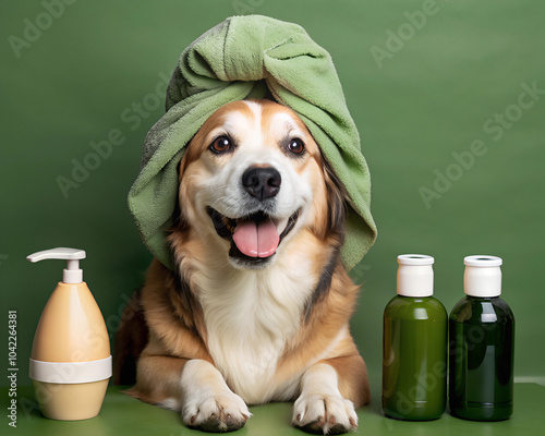 Small cute dog sitting on lap during a spa day, getting his nails trimmed in a cute and caring way. Ideal for pet care, grooming, and wellness concepts.