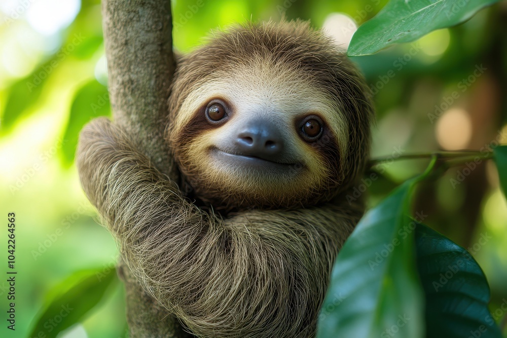 Close-Up of a Cute, Smiling Sloth Hanging on a Tree with a Jungle Background, High-Detail, High-Resolution Photography
Close-Up of a Cute, Smiling Sloth Hanging on a Tree with a Jungle Background, High-Detail, High-Resolution Photography