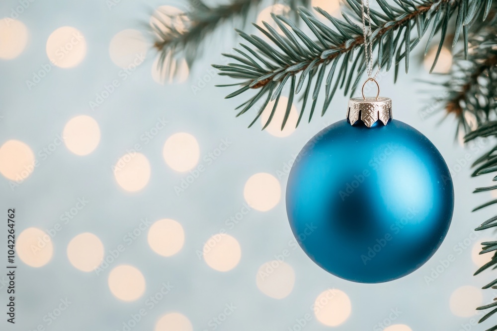 A close-up of a blue Christmas bauble hanging on a pine branch with soft bokeh lights in the background A close-up of a blue Christmas bauble hanging on a pine branch with soft bokeh lights in the background