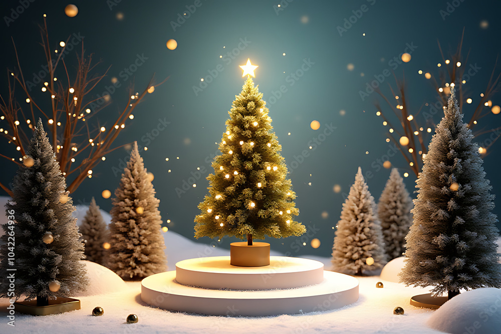 Obraz premium product winter christmas display features festive rendered scene christmas tree podium