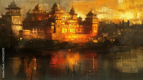 A watercolor illustration of mysore palace at sunset captures the essence of mysore dasara with rich warm hues