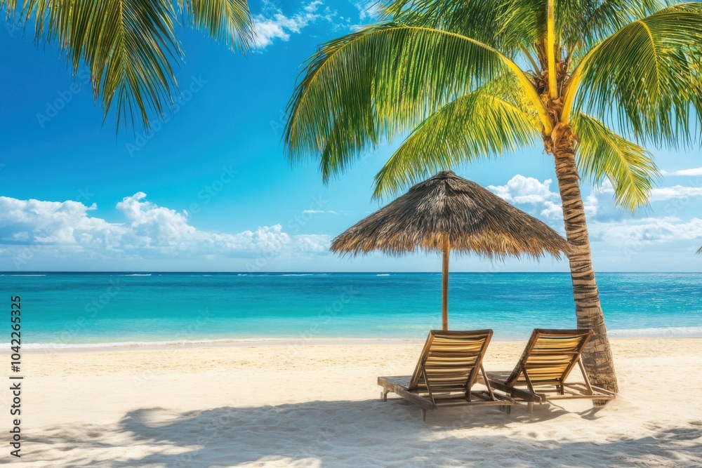 Fototapeta premium Panorama banner photo of idyllic tropical beach with palm tree