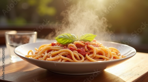 Delicious spaghetti served on a wooden table with steam rising in the warm evening sunlight, garnished with fresh basil leaves