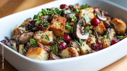 trendy stuffing dish made with wild mushrooms, cranberries, and sourdough bread, topped with fresh parsley and crispy sage