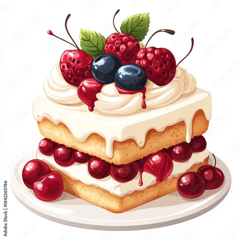 Delicious Cream Cake with Berries and Whipped Cream Illustration Delicious Cream Cake with Berries and Whipped Cream Illustration