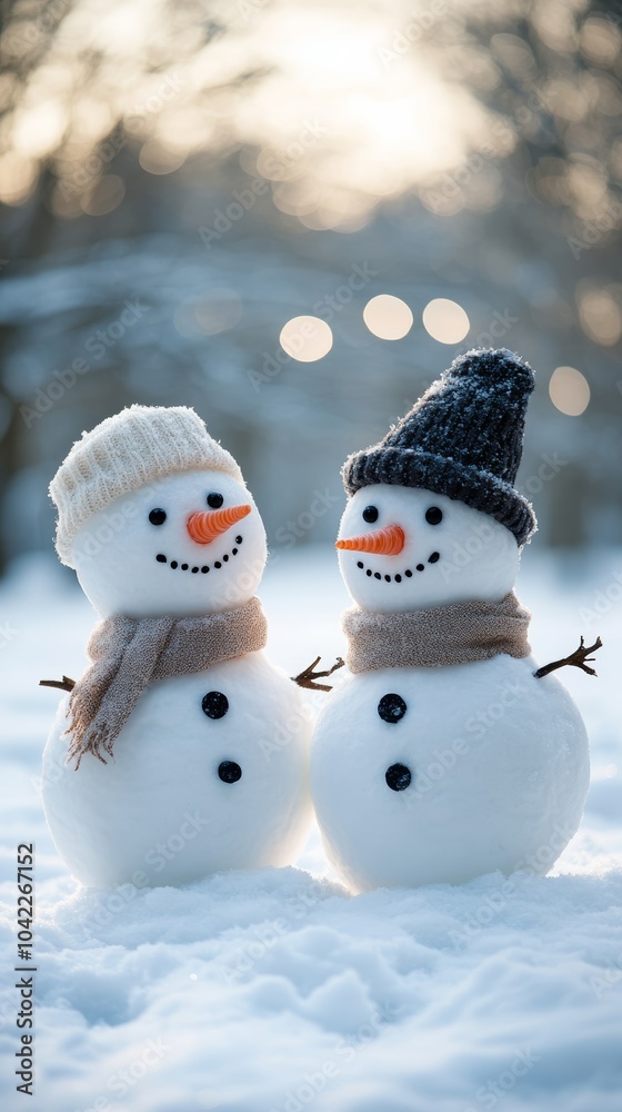 Two snowmen with woolen hats and scarves standing together in the snow. Ideal Merry Christmas and New Year backgrounds.
