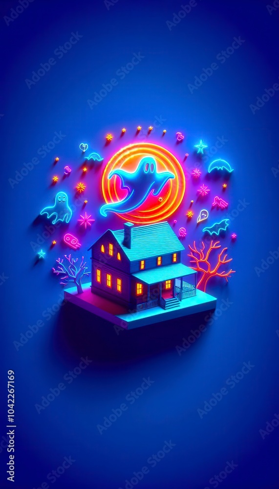 Fototapeta premium Top Down View of Haunted House with Ghost Silhouette in Neon Art Style on Blue Background