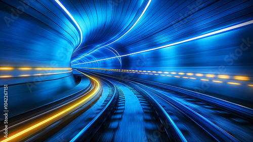 High speed hyperdrive or warp travel through space in a brightly lit tunnel with motion blur.
