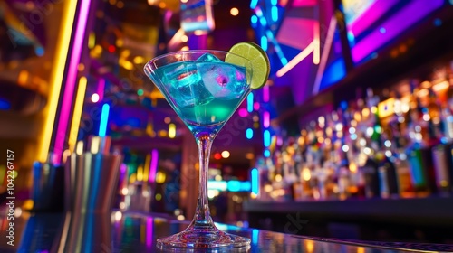 A blue martini with lime garnish sits on a bar counter with a blurred background of colorful lights and bottles.