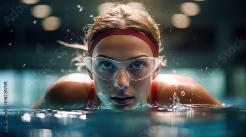 A swimmer breaks the surface with goggles on, water droplets flying, illustrating focus, determination, and the exhilarating power of aquatic sports. photo