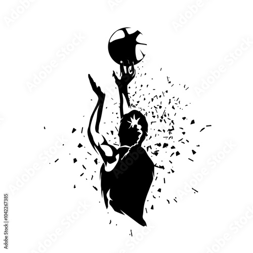 Basketball, woman shoots the ball at the basket, isolated vector silhouette, ink drawing, rear view