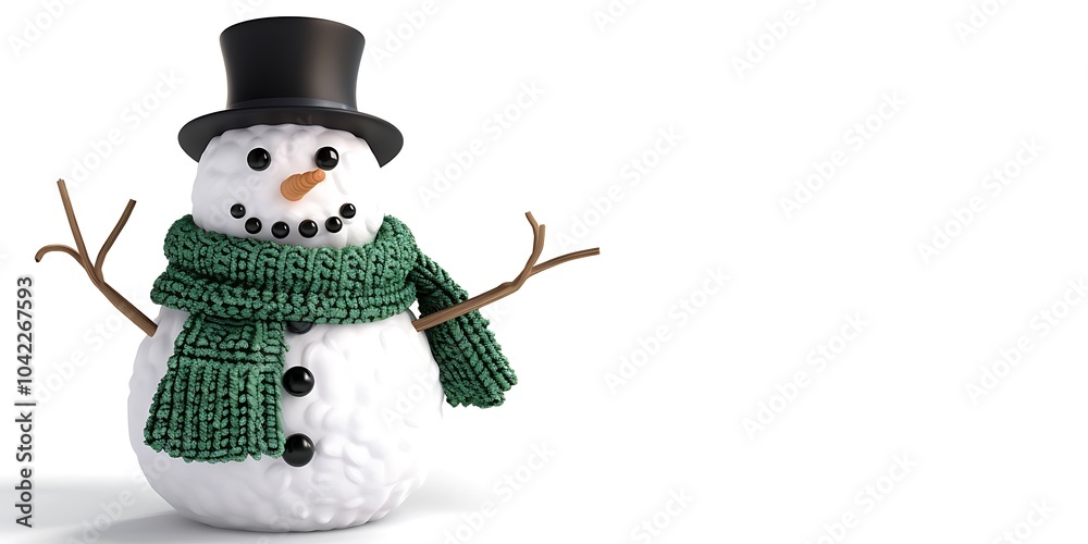 3D snowman with a black top hat, green scarf, and stick arms, isolated against a white background, ready for winter fun 3D snowman with a black top hat, green scarf, and stick arms, isolated against a white background, ready for winter fun