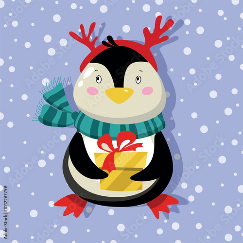 Christmas Cute penguin in winter costume on the blue background with snow.