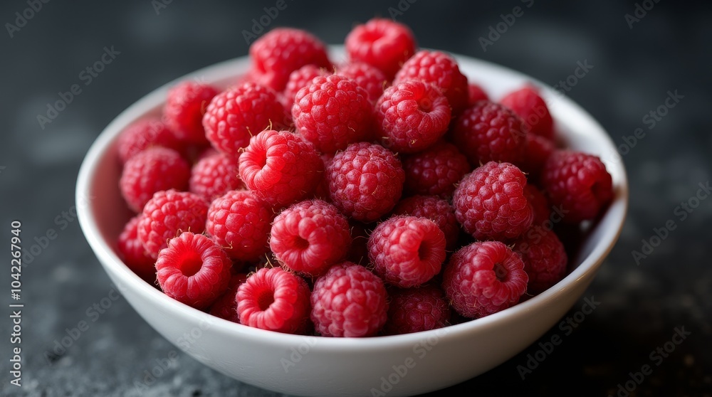 A bowl filled with fresh, ripe raspberries resting on a dark countertop in a cozy kitchen setting A bowl filled with fresh, ripe raspberries resting on a dark countertop in a cozy kitchen setting