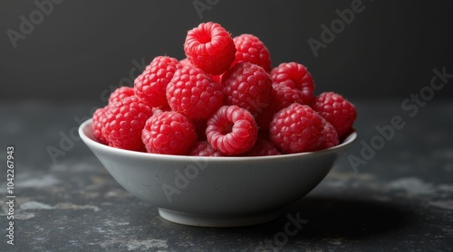 A bowl filled with fresh, ripe raspberries resting on a dark countertop in a cozy kitchen setting