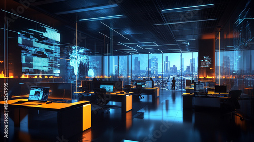 Modern Tech Office with Cityscape View and Digital Displays