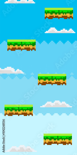 Floating grassy platforms in a blue sky filled with clouds. Ideal for video games, pixel art lovers, platform game design, retro-themed projects, and educational purposes. Retro pixel style