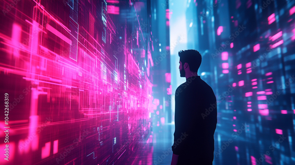 Fototapeta premium Man in Silhouette Gazing at Abstract Digital Wall with Neon Lights