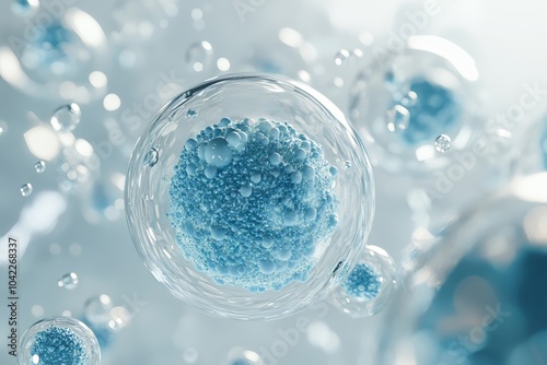 Close-up of blue exosome particles inside transparent spheres. 3D illustration of exosomes in biotechnology. Scientific visualization related to cosmetology and trichology.enerated image