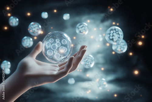 Hand holding transparent sphere with exosome-like particles. Digital 3D illustration of exosomes concept in biotechnology. Scientific visualization related to cosmetology and trichology.