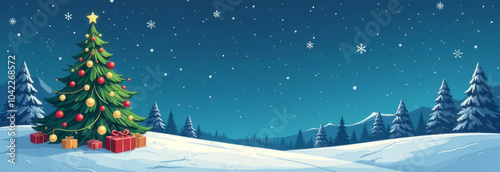 Winter holiday landscape with decorated christmas tree and gifts under starry night sky photo