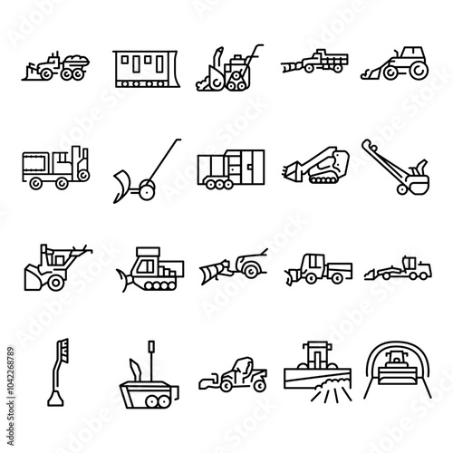 Snow removal machine black line icons set.