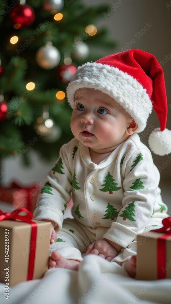 Adorable baby in christmas pajamas with santa hat by festive tree and gifts Adorable baby in christmas pajamas with santa hat by festive tree and gifts