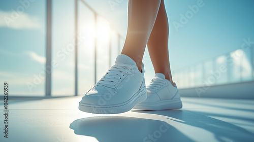 Close-up of legs. Person walking in clean white sneakers