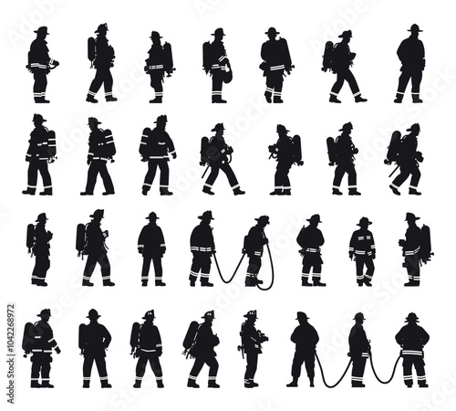 Fireman In Different Poses Black Silhouette Icons Set Featuring Various Stances Responding Emergencies Extinguishing Fires Rescuing Using Fire Equipment Firefighting Activities