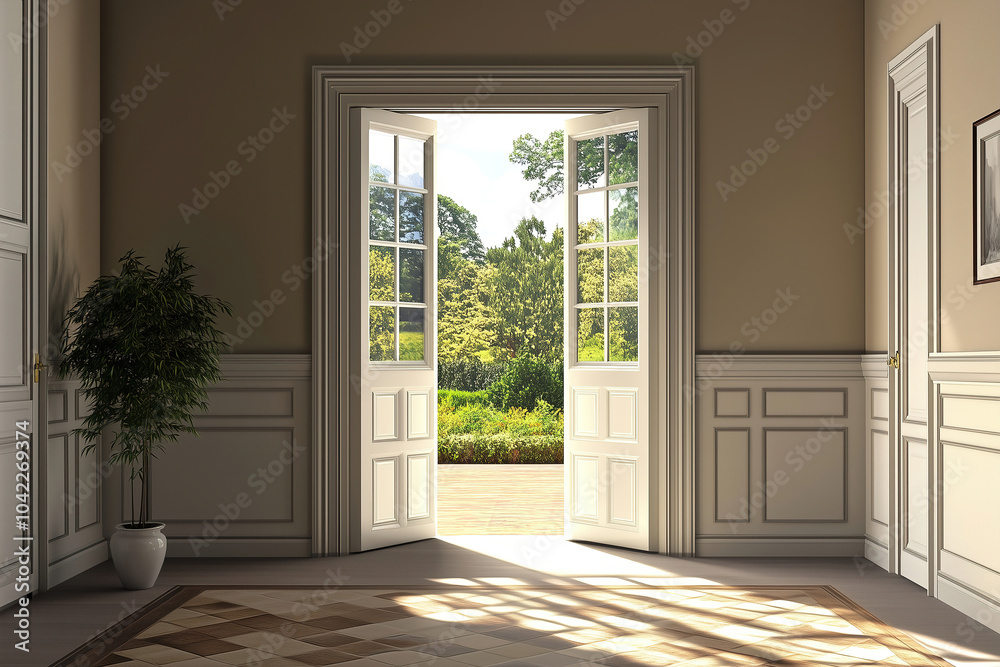 Obraz premium Bright daylight shines through open double doors, showcasing a sunny garden view from an elegant indoor space. Generative AI