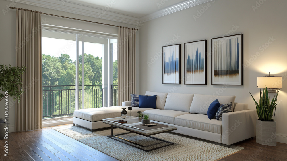 Fototapeta premium Modern Living Room Interior Design with White Sofa Coffee Table and Blue Pillows